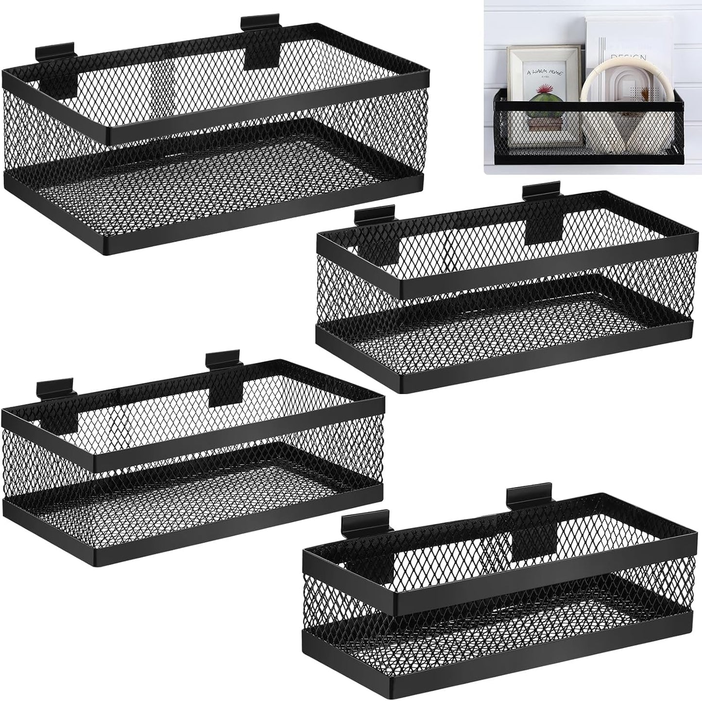 Coume 4 Pcs Black Slatwall Baskets 4 Size Metal Mesh Wire Basket for Slatwall Panels Ventilated Wall Mounted Hanging Accessories for Home Garage Retail Store Display Organizing (Big Size)