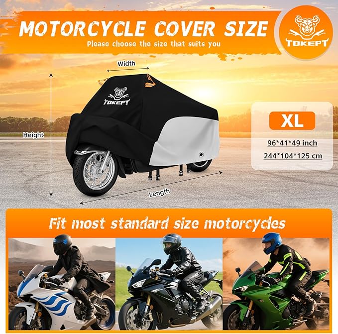 Motorcycle Cover, All-Weather Universal Motorcycle Outdoor Waterproof Cover with Locking Holes & Reflective Strips for 96″ Yamaha Honda Kawasaki Motorbike Accessories (Black&Silver)