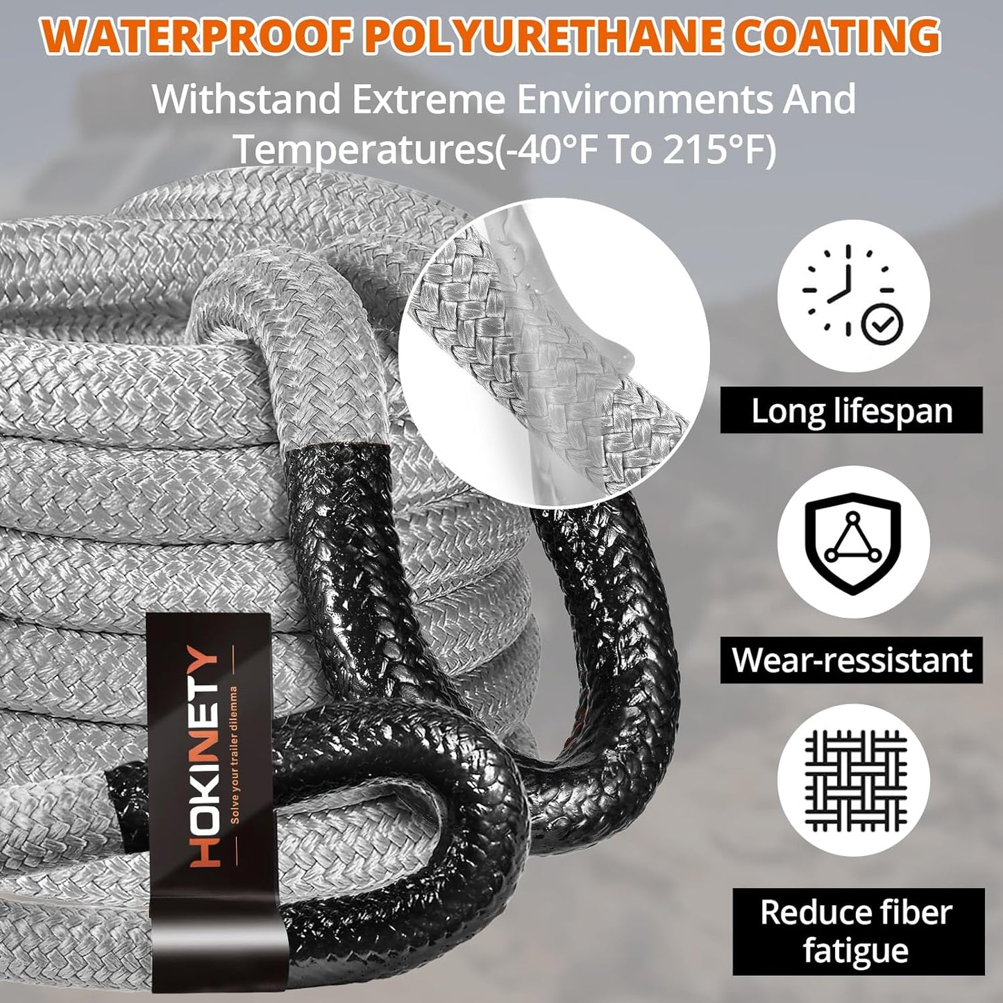 Kinetic Recovery Tow Rope 1-1/8" x20ft Offroad Snatch Strap 48000lbs Heavy Duty Towing Straps Kit for Trucks SUV UTV ATV Tractor Car Jeep - Solid Gray