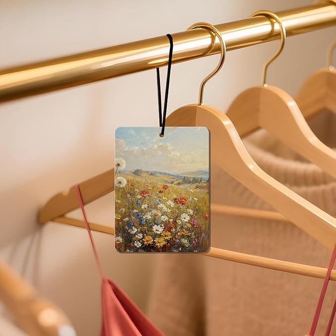 Vintage Floral Field Air Freshener 4 Pcs, Artistic Wildflower Hanging Air Freshener for Cars, Closet, Drawer, Home Decor for Nature Lovers, Gift for Women Who Love Floral Aesthetics