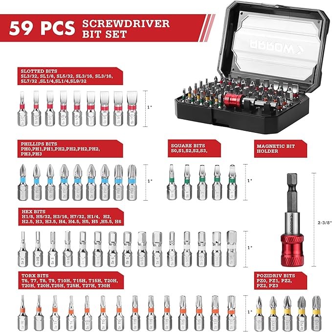 ARROW 59-Piece 1/4" Screwdriver Bit Set, S2 Steel Color-Coded Bits with Magnetic Bit Holder & Storage Case, Compatible with Power Drill, Screwdriver, and Mini Ratchet Wrench