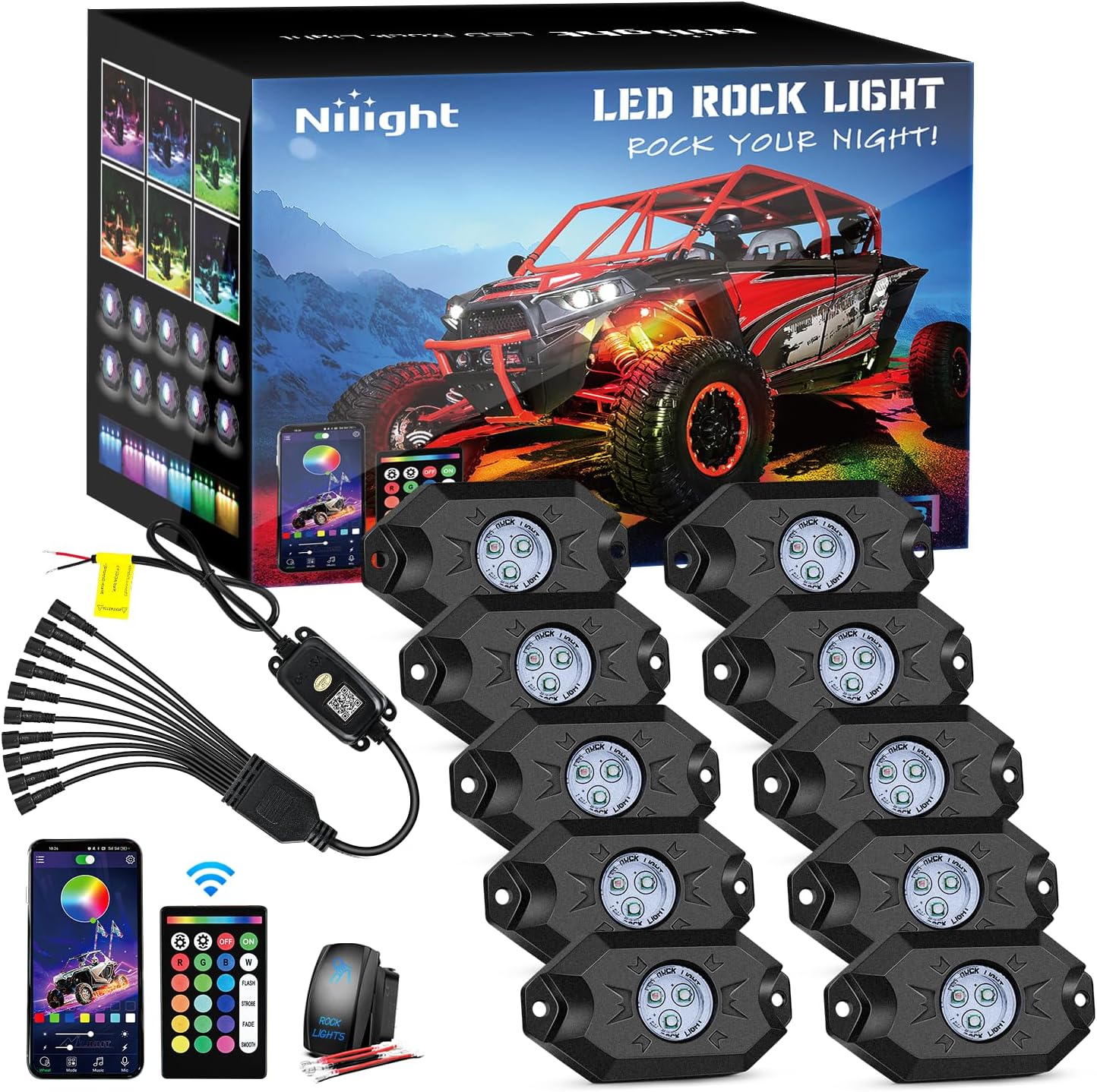 Nilight RGB LED Rock Lights Kit 10 Pods Underglow Multicolor Neon Pod with Remote & Bluetooth App Control DIY Flashing Music Mode Wheel Well Light for Truck ATV UTV RZR SUV