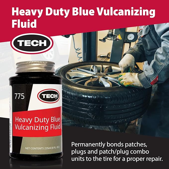 Heavy-Duty Blue Vulcanizing Fluid - Tire Repair Cement, Use with TECH Tire Stems and Patches, 8oz Bottle w/Brush Cap