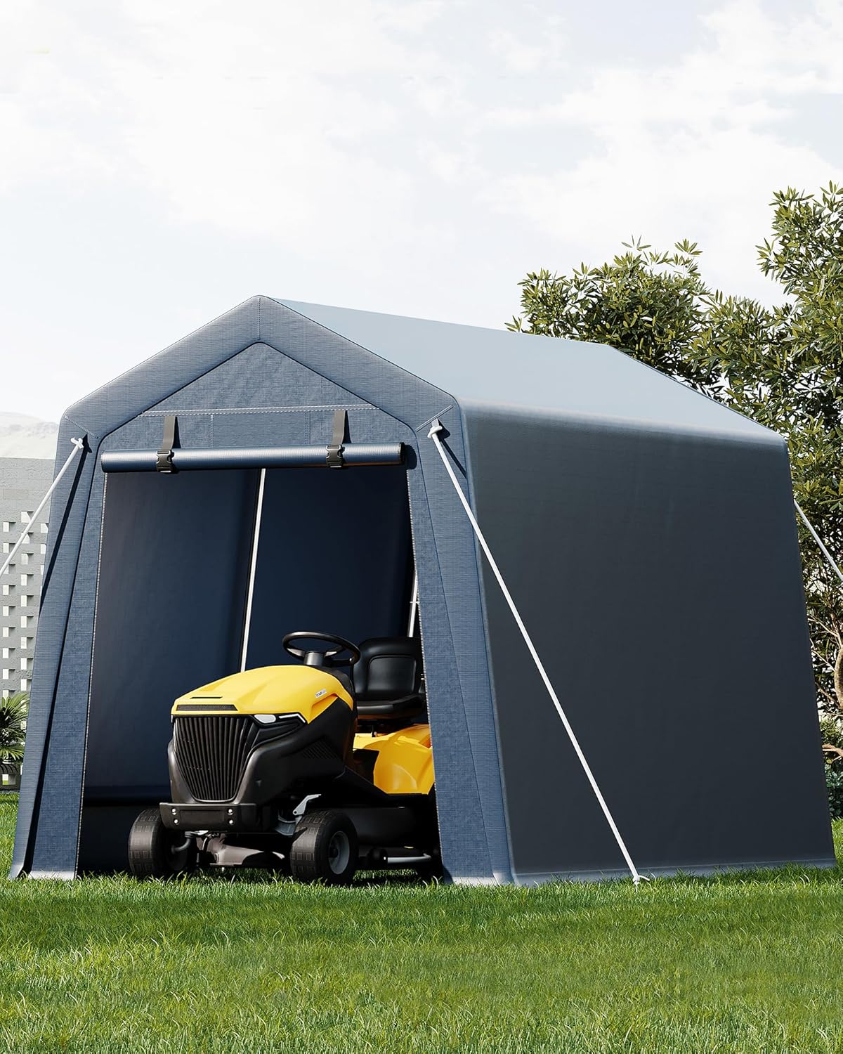 7*10F Outdoor Storage Shed with Floor, Heavy Duty Waterproof PE Tarp, Portable Metal Carport Garage Tent, 2 Roll-Up Doors & Vents, for Motorcycle and Bike Storage, Garden Tool Shed, Small Outdoor Shed