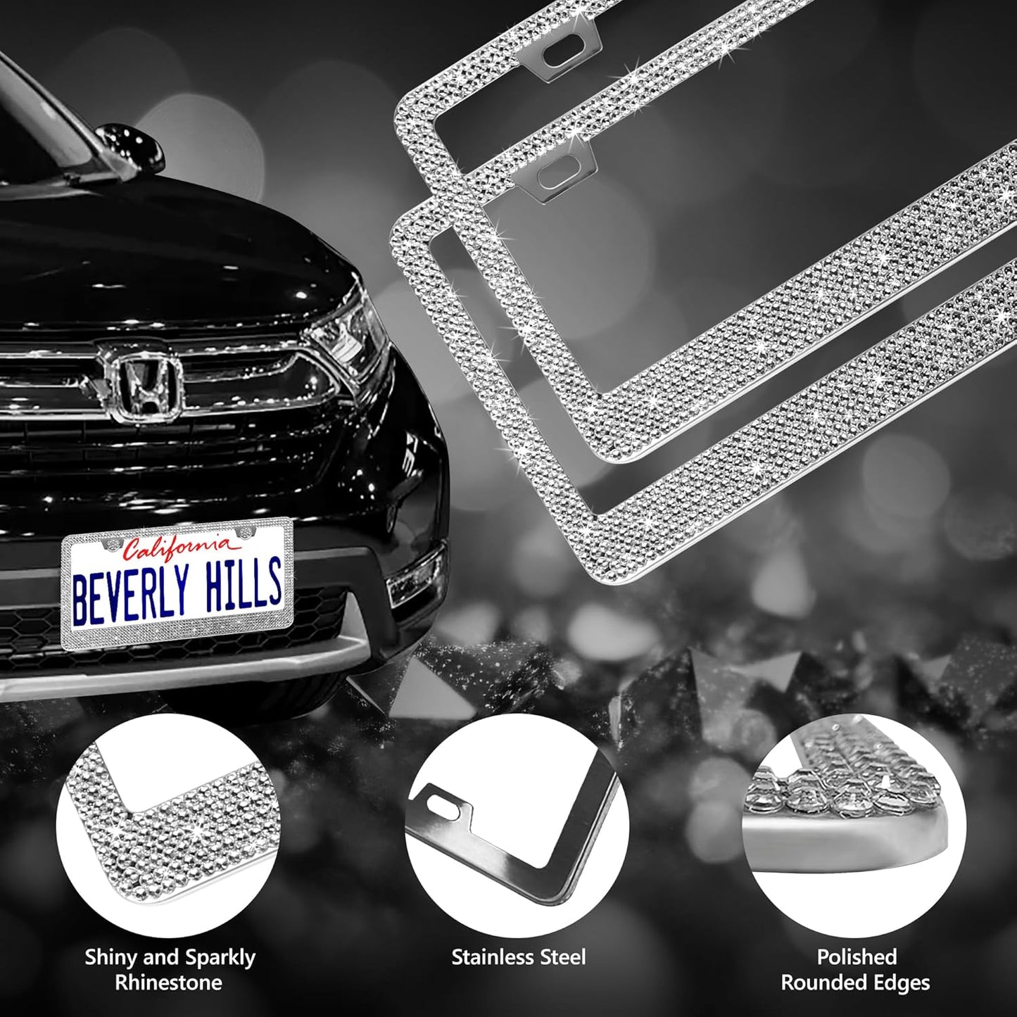 2 Pack Silver Bling License Plate Frames for Women - Stainless Steel with Diamond Sparkly Rhinestone License Plate Holder - Perfect Birthday for Auto Lovers