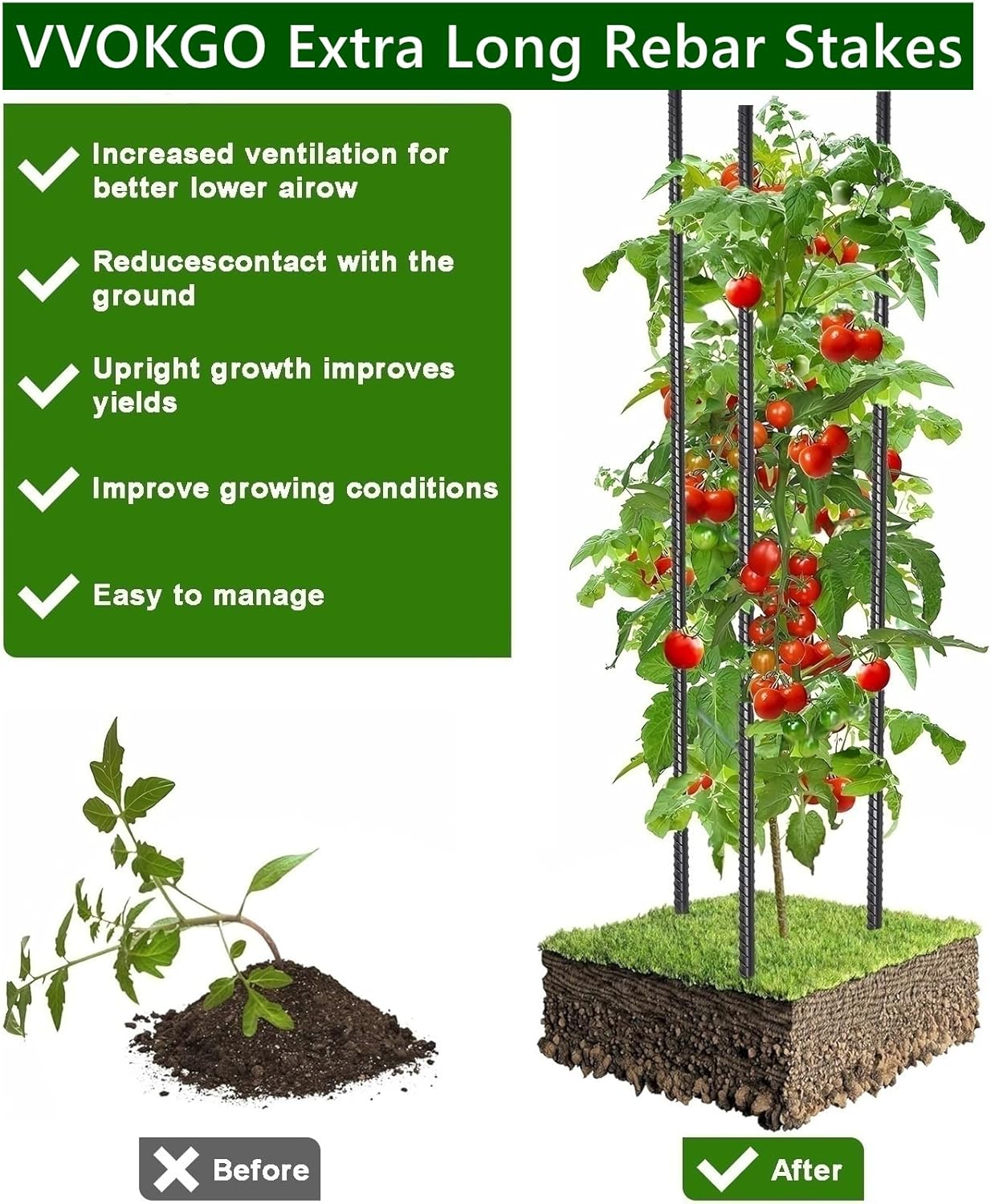 VVOKGO Rebar Stakes 48 Inch 16-Pack Concrete Form Stakes Heavy Duty Straight Ground Anchors, 3/8" Diameter Metal Steel Spikes with Chisel Point End for Plant Support, Garden Border,Landscape Edging