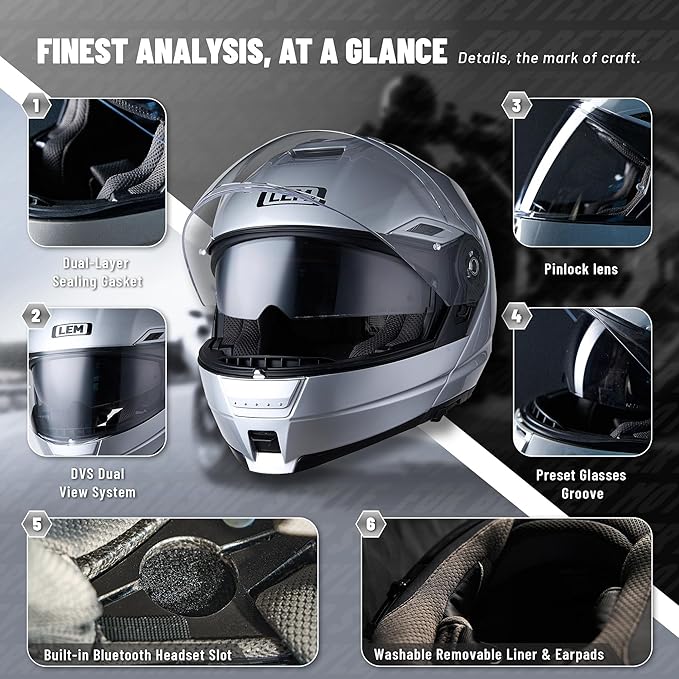 LEM Modular Motorcycle Helmets Fiberglass, Full Face Motorcycle Helmet Flip Up for Touring, DOT Certified, Release Sun Visor & Removable Comfort Liner, Lightweight Street Bike Helmet (Silver, L)