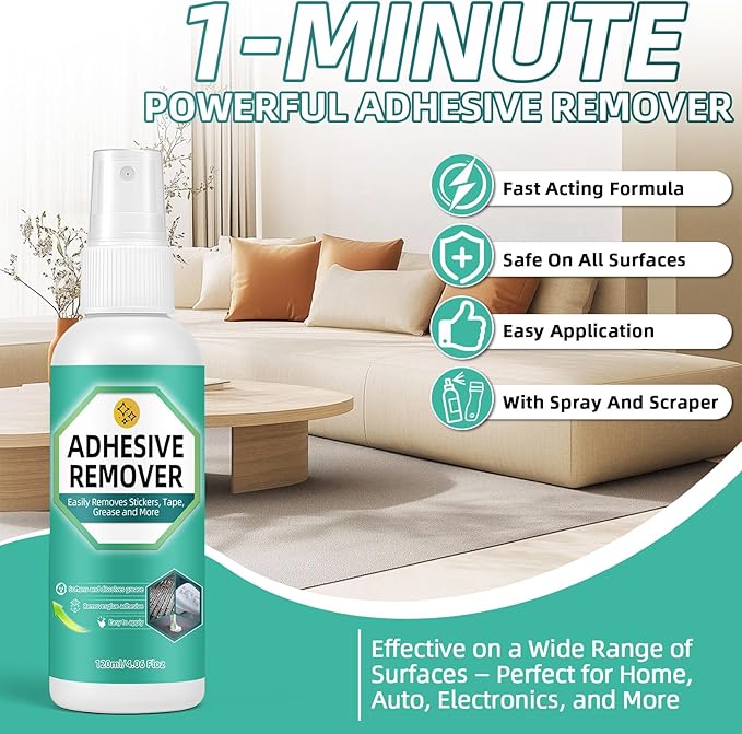 Adhesive Remover Spray, 4.06 Oz Glue Remover with Plastic Scraper and Towel, Surface Safe Sticky Stuff Remover for Car, Windows, Floor, Sticker Remover (1, GREEN)