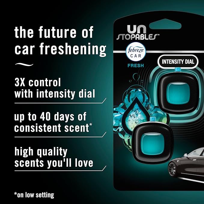 Febreze Car Air Freshener, Odor-Fighting Automotive Vent Clip, Scented Car Accessories, Long Lasting for Strong Odors, Unique Stocking Stuffer, Unstopables Fresh Scent, .07 fl oz, 4 Count