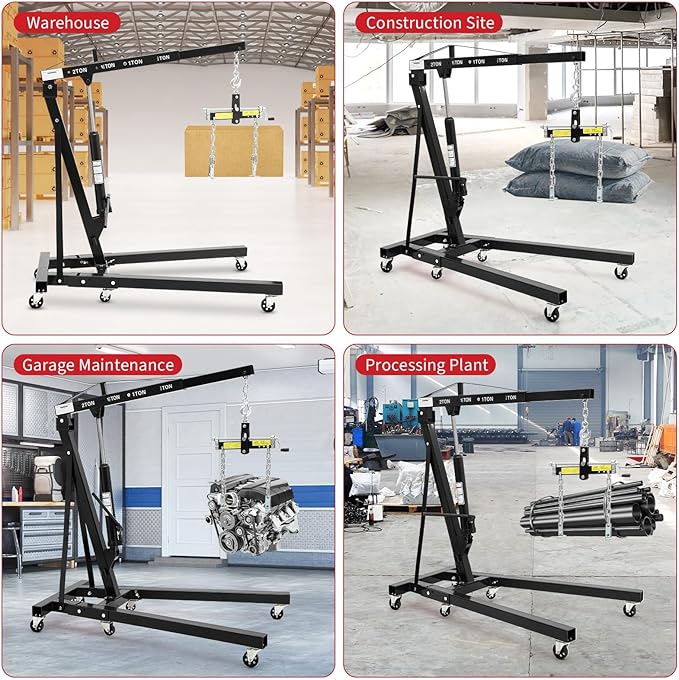 2 Ton Folding Hydraulic Engine Hoist with Load Leveler 4400 LBS Capacity Heavy Duty Cherry Picker 6 Swivel Wheels&Hydraulic Pump Adjustable Boom (0.5T-2T) for Garage Workshop Warehouse Black
