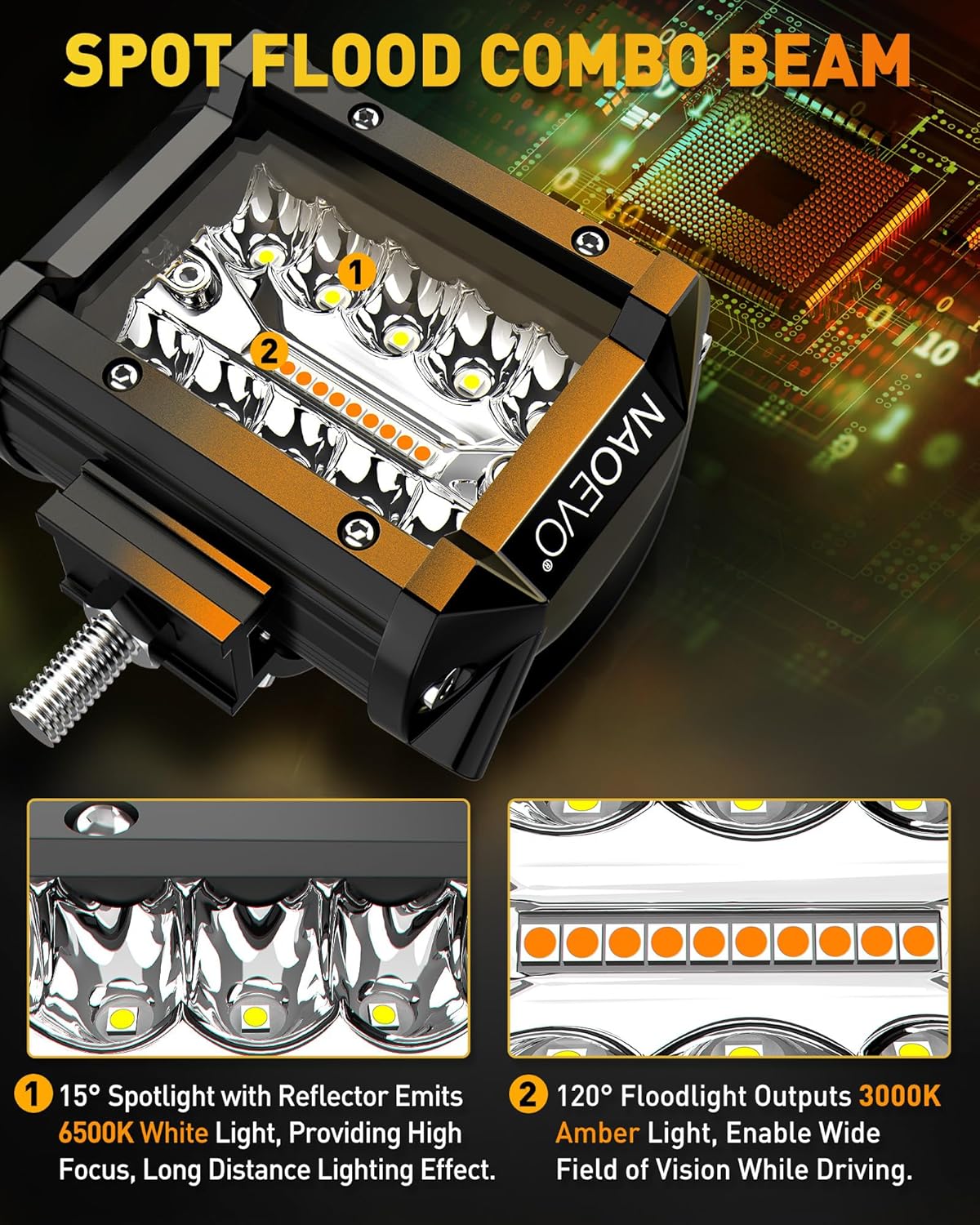 NAOEVO 4 Inch LED Pod Lights, Spot Flood LED Fog/Driving/Off Road Lights with 2 Leads Wiring Harness, Cube Pods for Truck Boat ATV UTV, 2 Pcs (White/Amber/White&Amber)