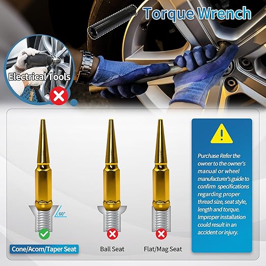 1/2"-20 Gold Wheel Spike Lug Nuts, 24 PCS Lug Nut Accessories with 1 Socket Key, Thread Spiked 4.4" Long Closed End Nuts Compatible with Wrangler Cherokee Explorer