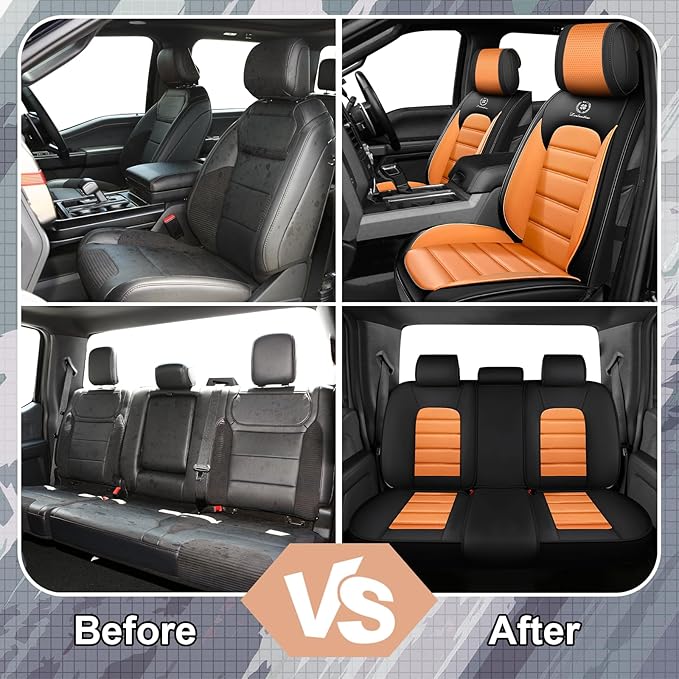 Full Set Car Seat Covers for GMC Sierra 1500/2500/3500 Denali SLT AT4 AT4X Base Seat Covers 2008-2025, Waterproof Premium Nappa Leather Seat Protectors(Standard 5 Seats/Black&Orange)