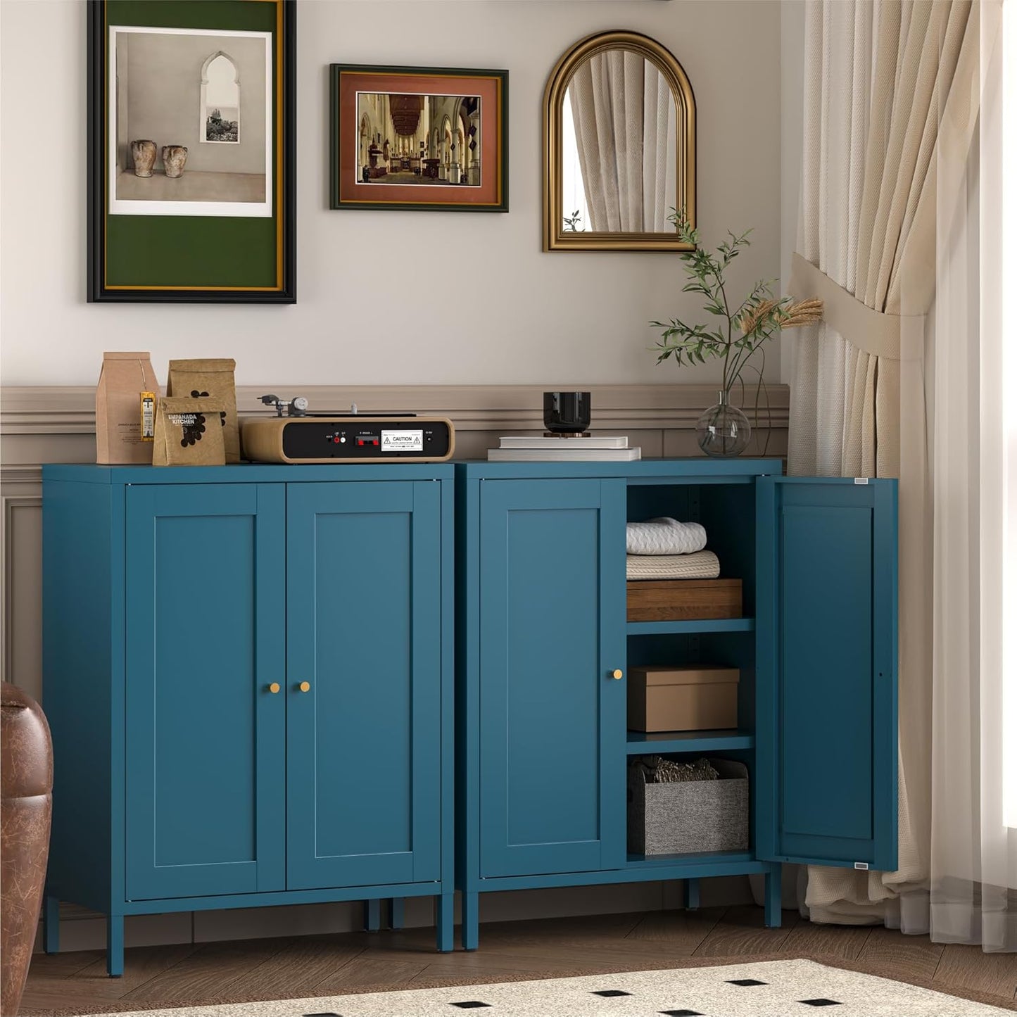 Metal Bathroom Storage Cabinet,Bathroom Floor Storage Cabinet with 2 Adjustable Shelves and 2 Doors,Freestanding Sideboard for Small Spaces, Living Room, Home Office, Dining Room