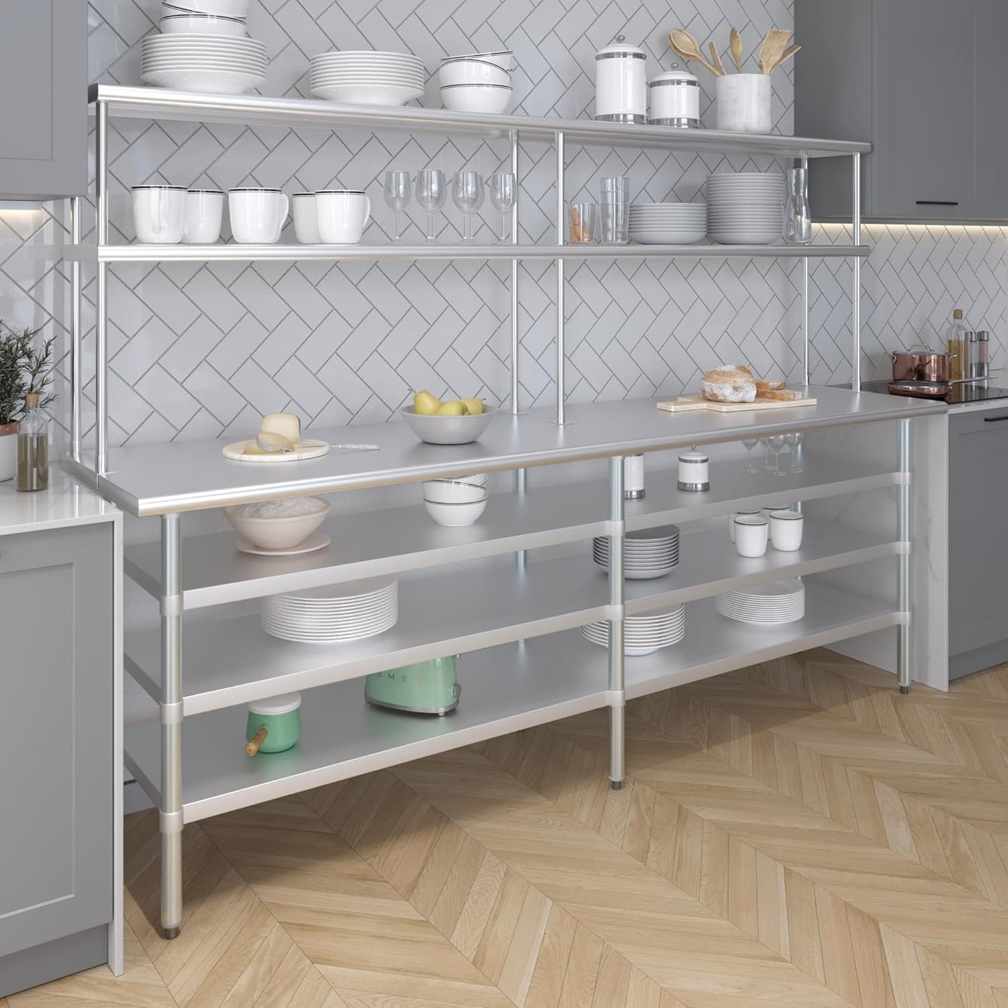 Amgood 24" x 60" Stainless Steel Work Table with 3 Shelves and 12" Wide Double Tier Overshelf | Metal Kitchen Prep Table & Shelving Combo | NSF