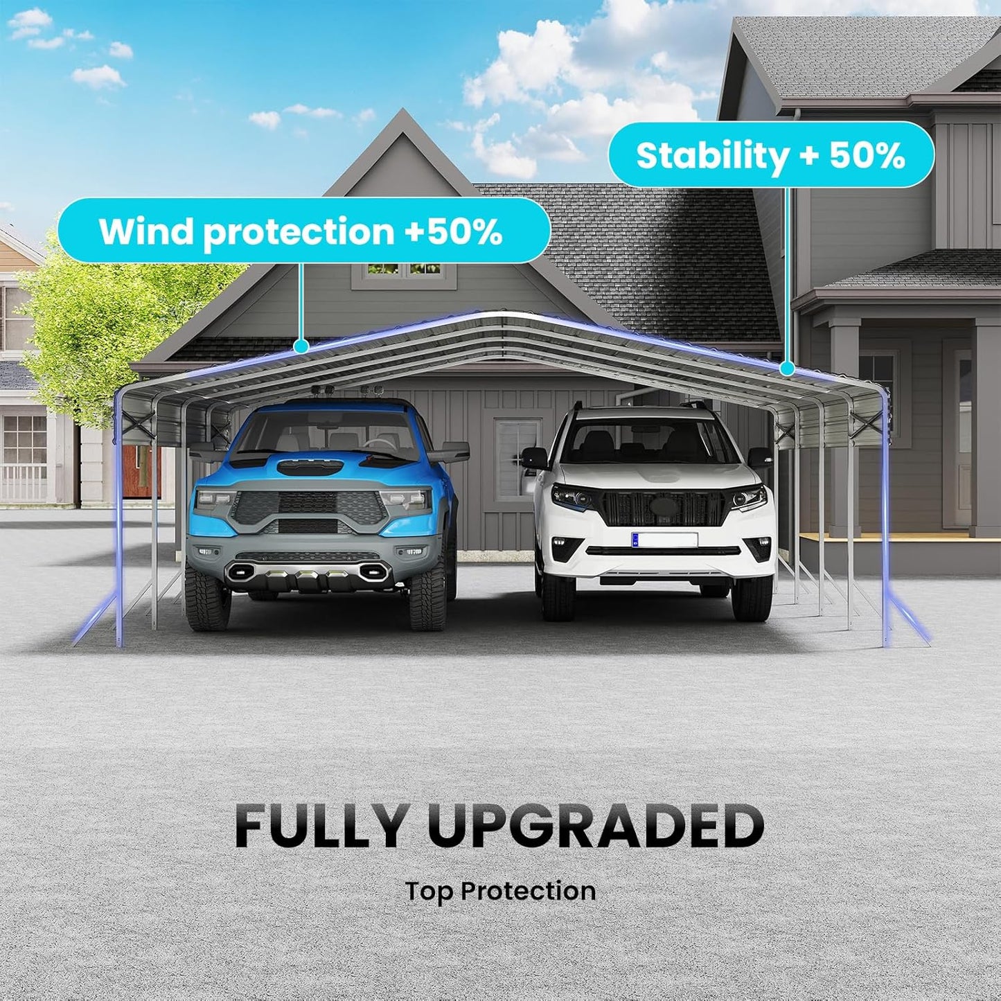 20x20 Carport, Heavy Duty Metal Car Port, All-Weather Protection, Easy Assembly for Cars, Trucks, Boats, Tractors, and Outdoor Storage, White