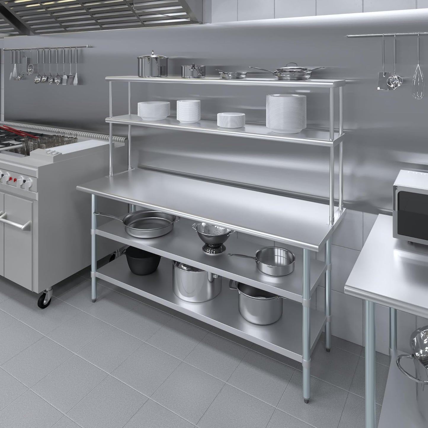 Amgood Stainless Steel Work Table with 2 Shelves | Metal Kitchen Prep Table & Shelving Combo (24" x 72" Table with 2 Shelves + 12" Overshelf)