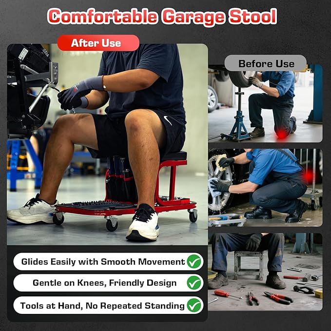 Rolling Shop Stool Chair with Wheels, Mechanic Garage Stool on Wheels, Auto Car Detailing Stools Seat with Tool Tray Storage for Garage Work, Workshop, Home, Garden, DIY, 300 LBS Capacity,Red