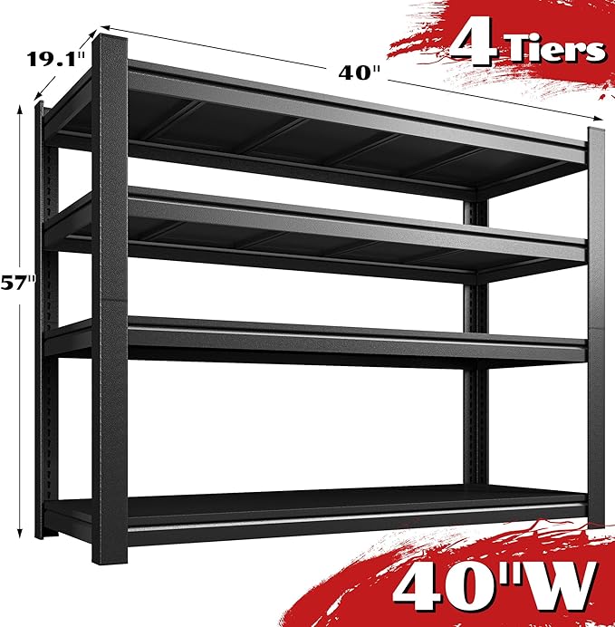 1800LBS Storage Shelves, 40" W Garage Shelving Heavy Duty, Adjustable Metal Shelving Unit, Storage Rack for Garage, Basement, Warehouse with Tool-Free Assembly, 40" W x 19.1" D x 57" H