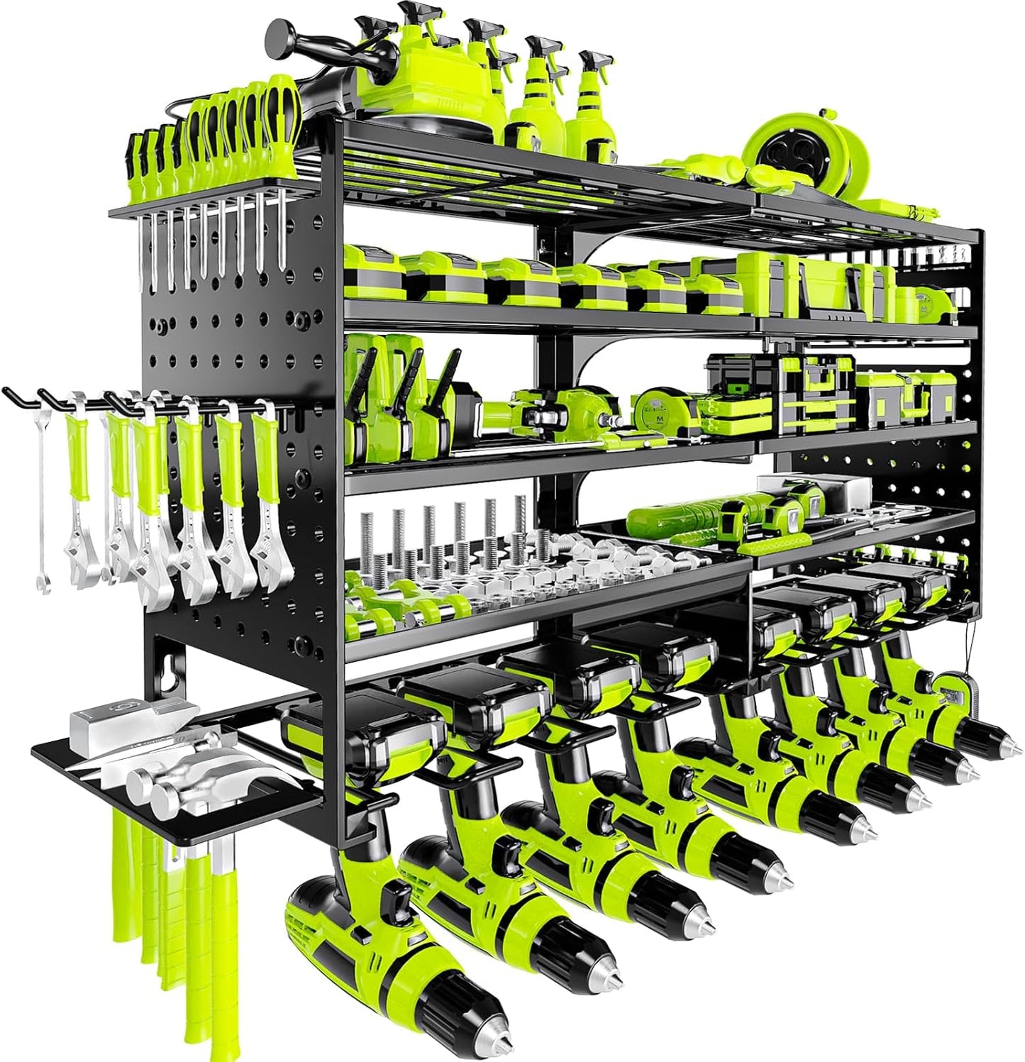 5 Layers Power Tool Organizer Wall Mount, Metal Cordless Tool Storage Rack Holder with 8 Drill Holders, Heavy Duty Garage Wall Tool Shelf for Workshop Tool Room Men Husband Father Gift Black