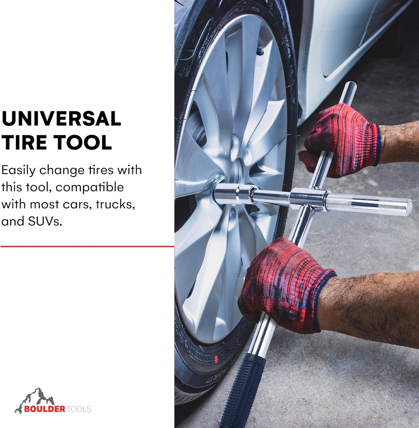 Boulder Tools 23 inch 4 Way Lug Wrench - Universal Telescopic Tire Removal Tool for Car and Truck - Portable Heavy Duty Tire Changing Tool for 19 mm and 21 mm Nuts - Durable Silver Aluminum Alloy