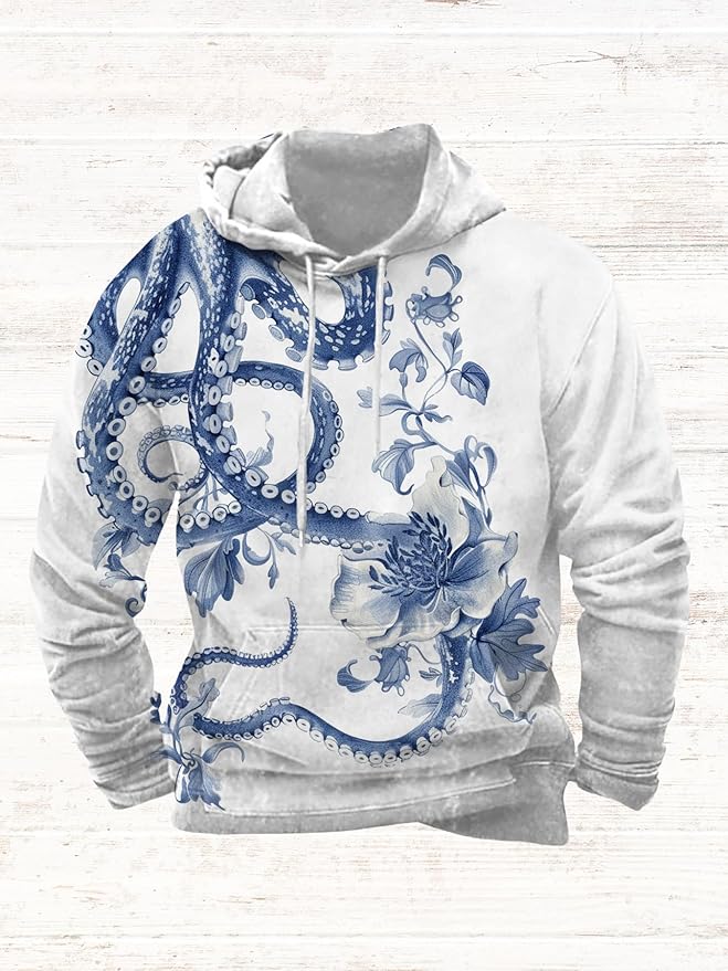 Mens Animal Print Graphic Hoodies Casual Long Sleeve Japanese Art Style Hooded Sweatshirt Lightweight Pullover Tops