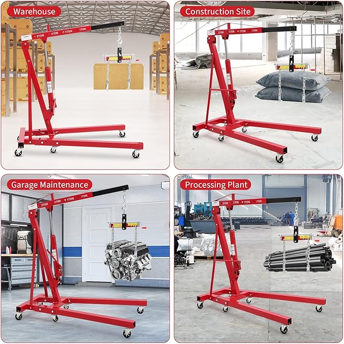 2 Ton Folding Hydraulic Engine Hoist with Load Leveler 4400 LBS Capacity Heavy Duty Cherry Picker 6 Swivel Wheels&Hydraulic Pump Adjustable Boom (0.5T-2T) for Garage Workshop Warehouse Red