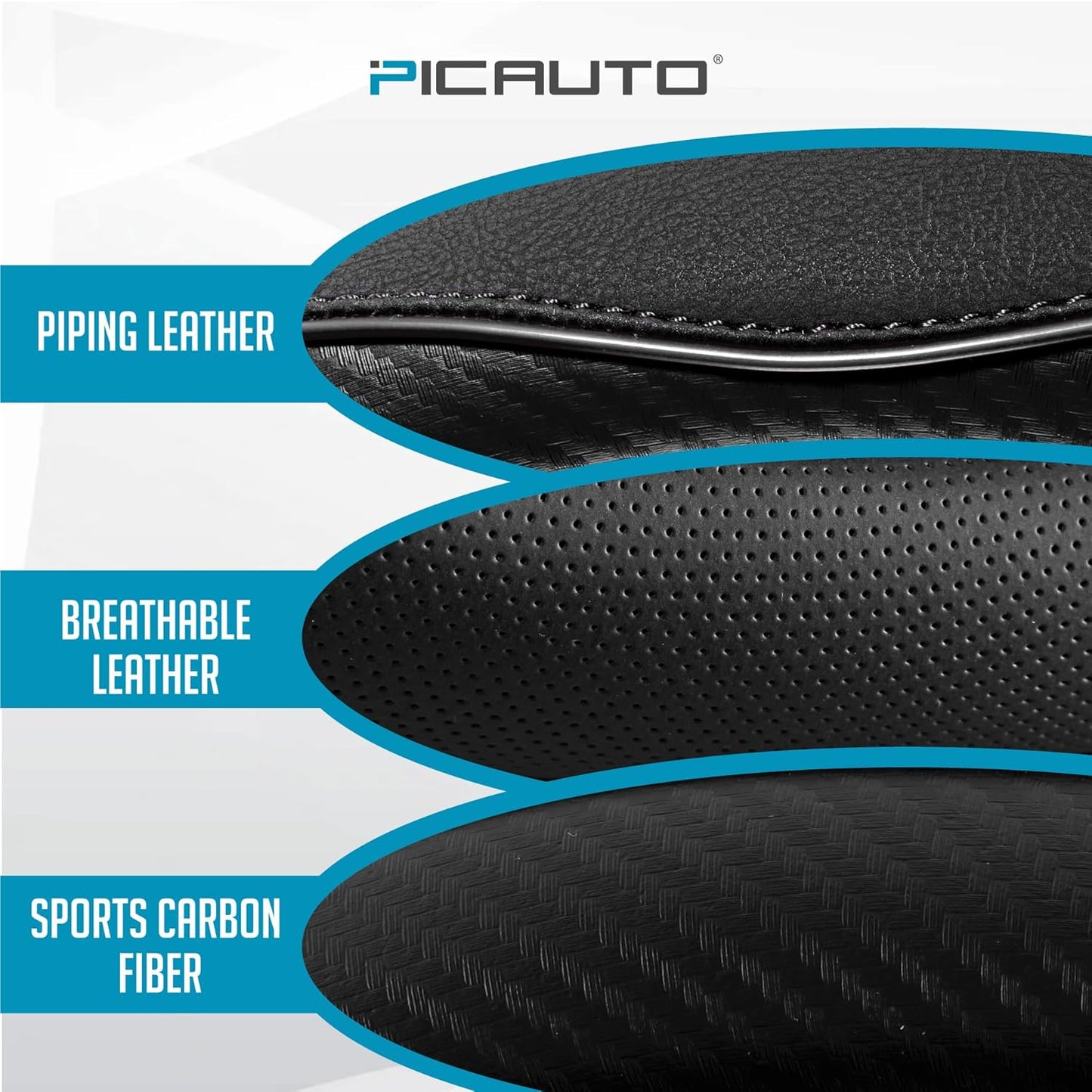 PIC AUTO Steering Wheel Cover, Black Piping Leather, Sports Carbon Fiber and Super Breathable Leather, Universal 14.5-15.5 Inch Anti-Slip Steering Wheels Accessories for Men & Women