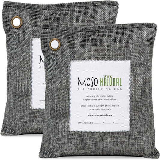Moso Natural Air Purifying Bag 500g (2 Pack) Premium Bamboo Charcoal Odor Absorber for Home, Bedroom, Kitchen, Basement | Unscented Pet Odor Eliminator | Large Charcoal Deodorizer Bag Covers 250sqft
