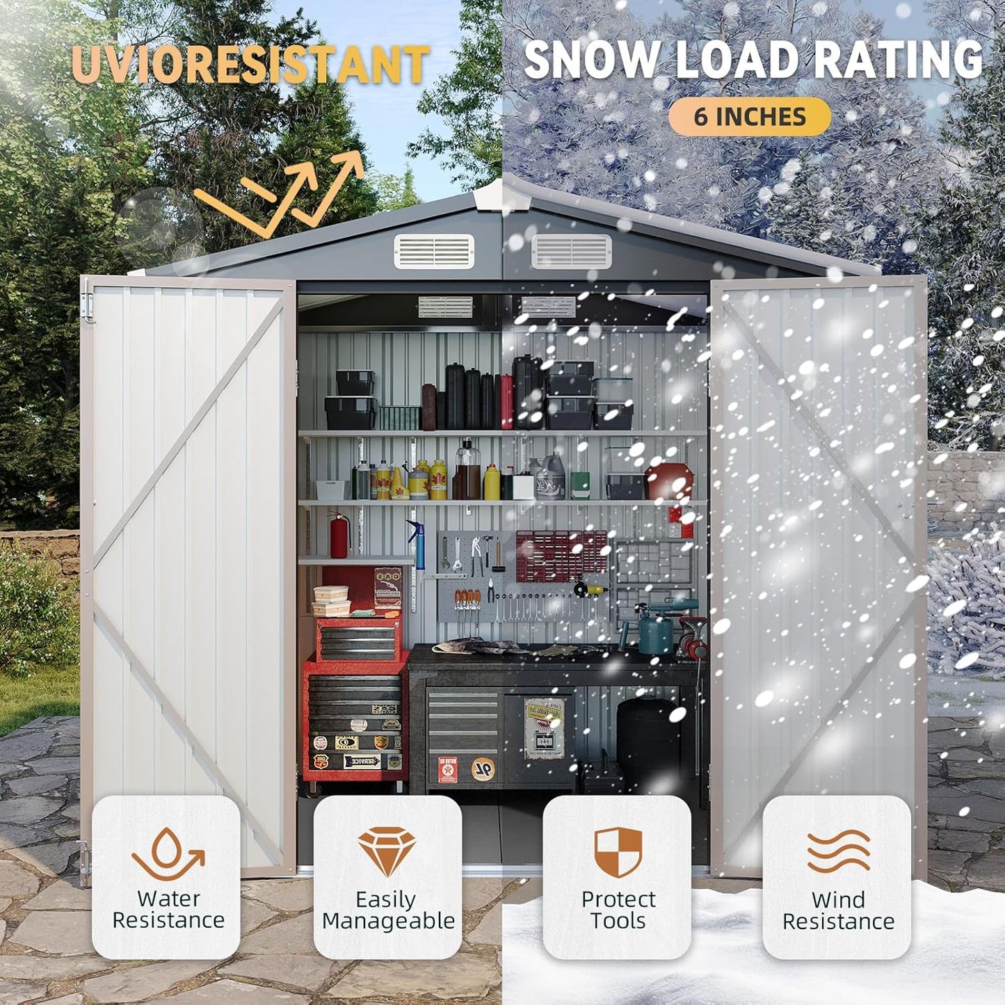 Aoxun 7.4x5.3FT Shed with Floor Galvanized Steel Outdoor Storage Shed Metal Garden Shed with Double Doors, 15mm Moisture-Proof Floor & Ventilation, Sloped Roof for Bike/Generator/Tool Storage (Brown)