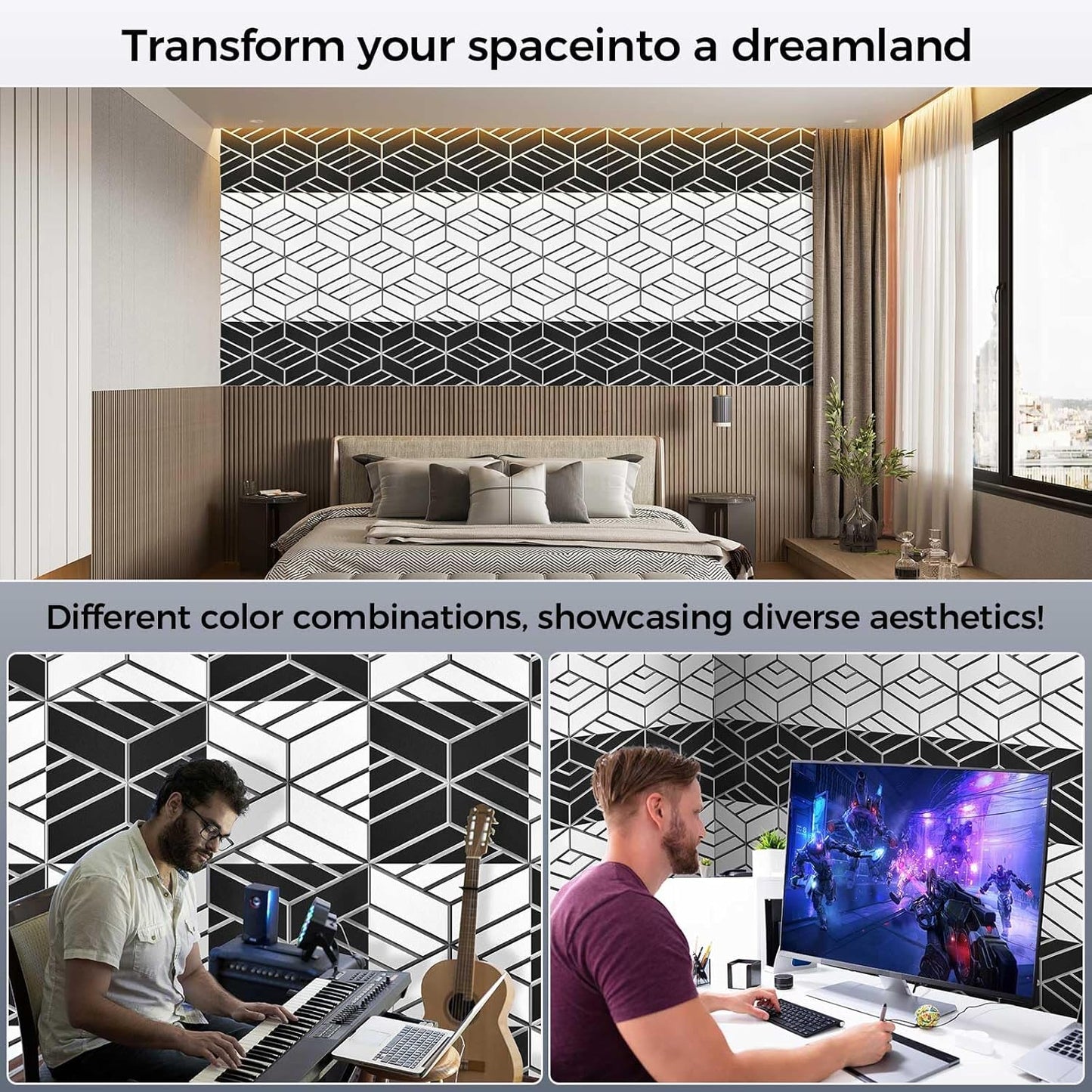 8 Pack 2-Layer Soundproof Wall Panels, 15.7 x 15.7 x 0.43 in Large Sound Proof Foam Panels for Walls, 0.9lb/ft³ High Density, 3D Acoustic Panels,Artistic Noise Dampening Panels White&Black