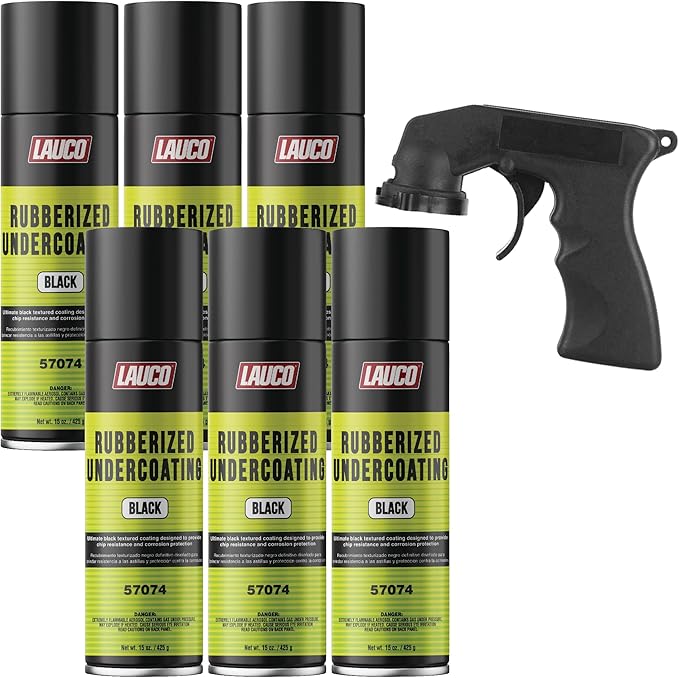 LAUCO Rubberized Undercoating Black 15oz Aerosol Spray Paint Can with Aerosol Spray Gun - Pack of 6 (57074)
