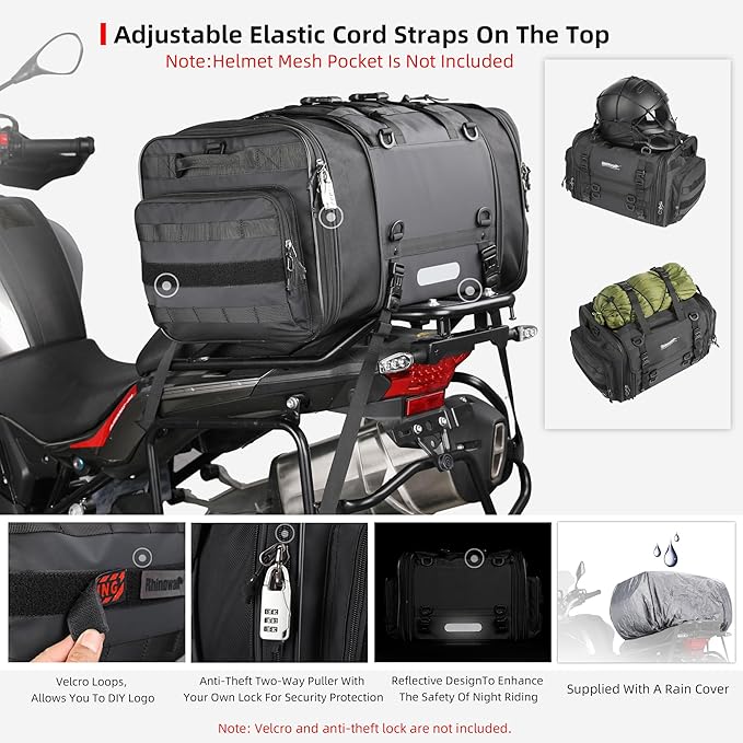 Rhinowalk Motorcycle Saddle Bag Motorbike Rear Seat Bag Waterproof Expandable 60L to 80L Large Pannier Luggage for Touring and Street Powersports (80L, Black)