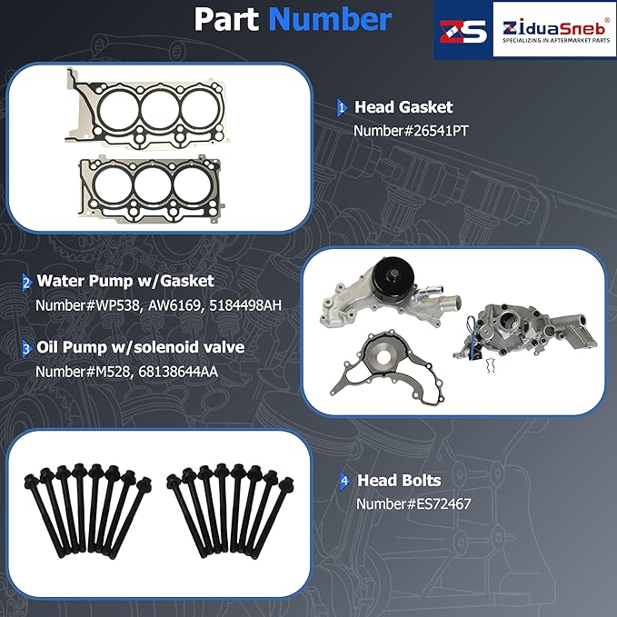 3.6 Head Gasket Set Timing Chain Kit Water Pump Oil Pump w/Head Bolts Fit For Chrysler 200 300 Town&Country Dodge Jeep Ram ProMaster 1500 3.6L V6 DOHC 2011-2016 HS26541PT 90511SX 90511S ES72467