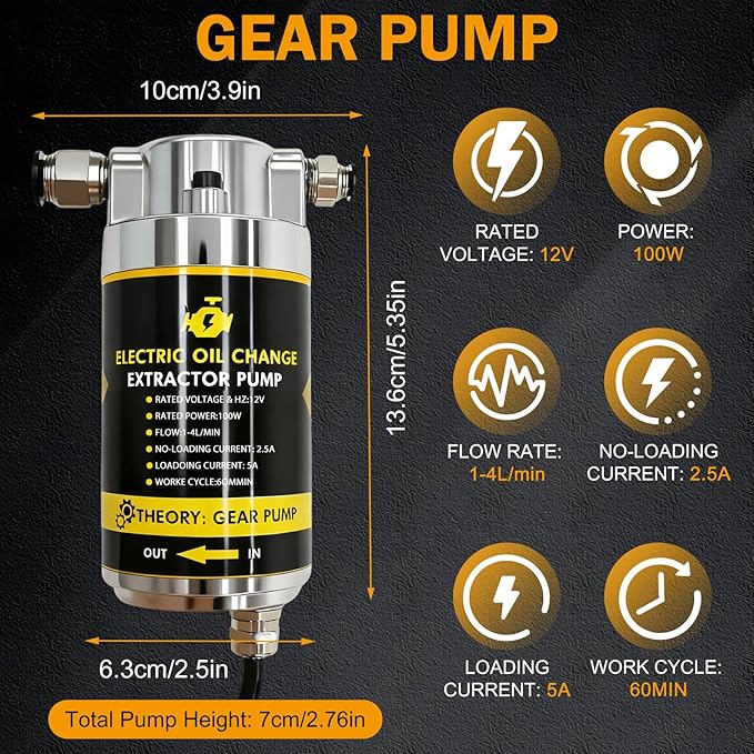 MILADO 12V 100W Electric Oil Change Extractor Pump Set,1-4L/min Fluid Transfer Pump for Engine Oil, Diesel Oil, Transmission Fluid, Gear Oil, Suitable for Boat, Car, Truck, Motorcycle, Lawnmower