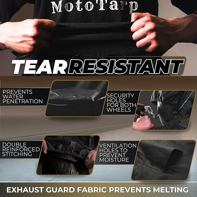 600D Heavy Duty Motorcycle Cover 100% Waterproof; License Plate Window, Exhaust Heat Guard, Night Reflectors, Wheel Lock Slots (Black, Large 90X35X52)
