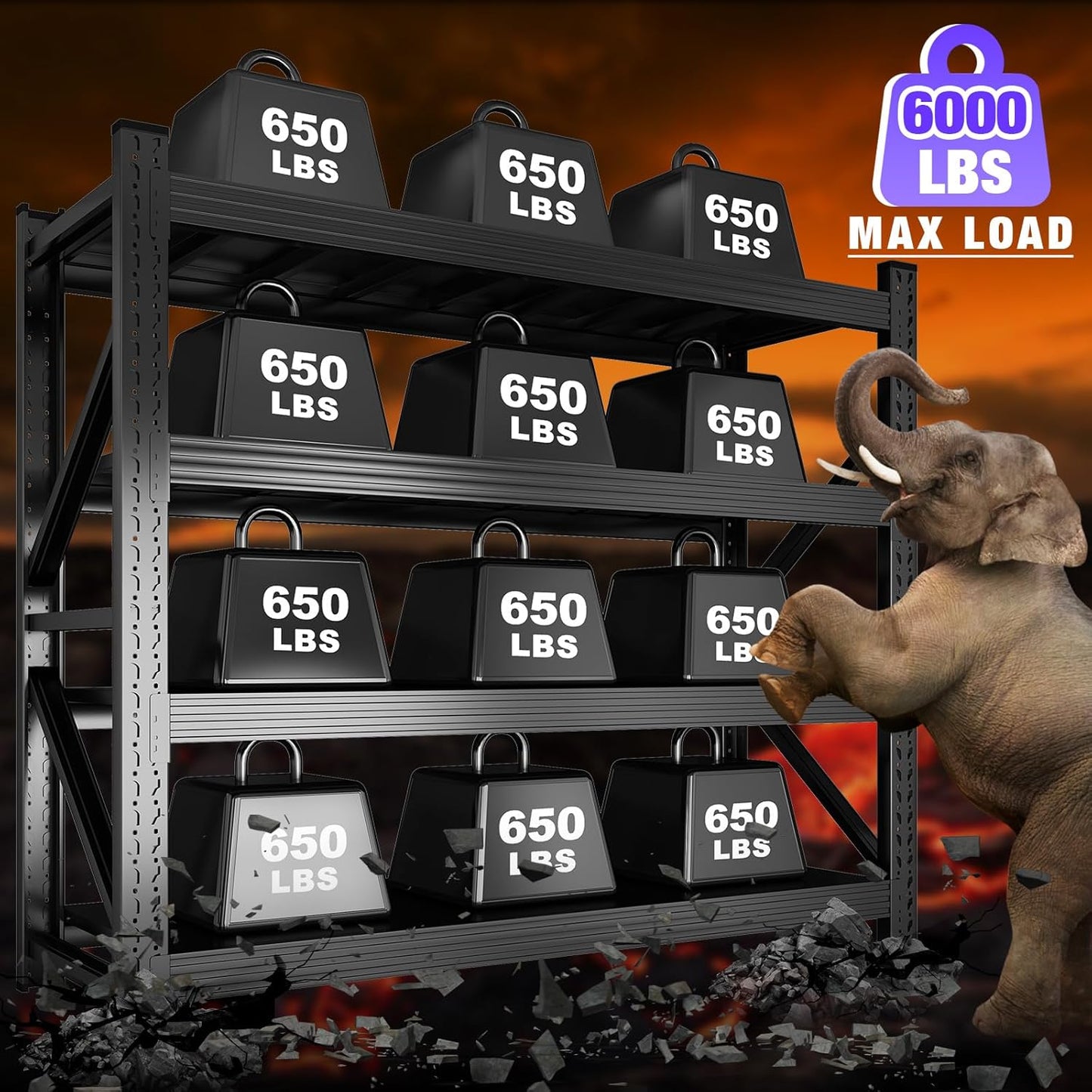 Metal Garage Shelving Unit, Heavy Duty 4-Tier Adjustable Storage Rack, 6000 LBS Loads Industrial Utility Shelves for Garages, Warehouses, Kitchen, Black, 71" W x 24" D x 71" H