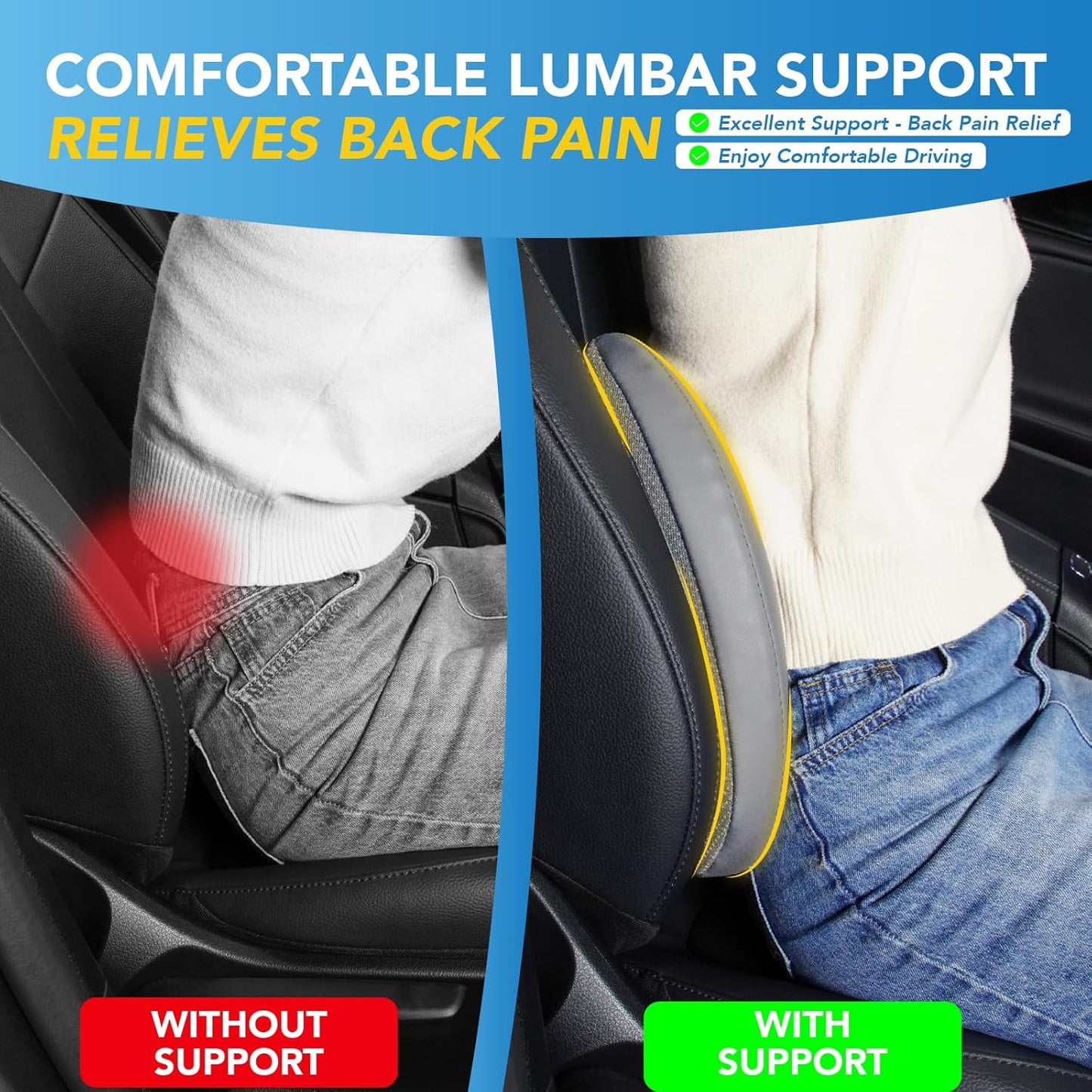 Lumbar Support Pillow for Car, Memory Foam Lumbar Pillow for Lower Back Pain Relief - Back Cushion for Driving, Chair Support for Car-Office Chair, Wheelchair - Gray