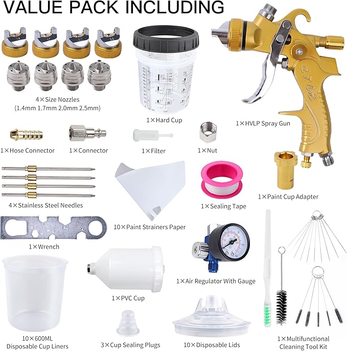 HVLP Spray Gun with 10Pcs 600ML Disposable Paint Cups, 4 Nozzles,1.4/1.7/2.0/2.5mm, Automotive Gravity Feed Paint Spray Gun Kit with Air Compressor Regulator for Auto (Gold)