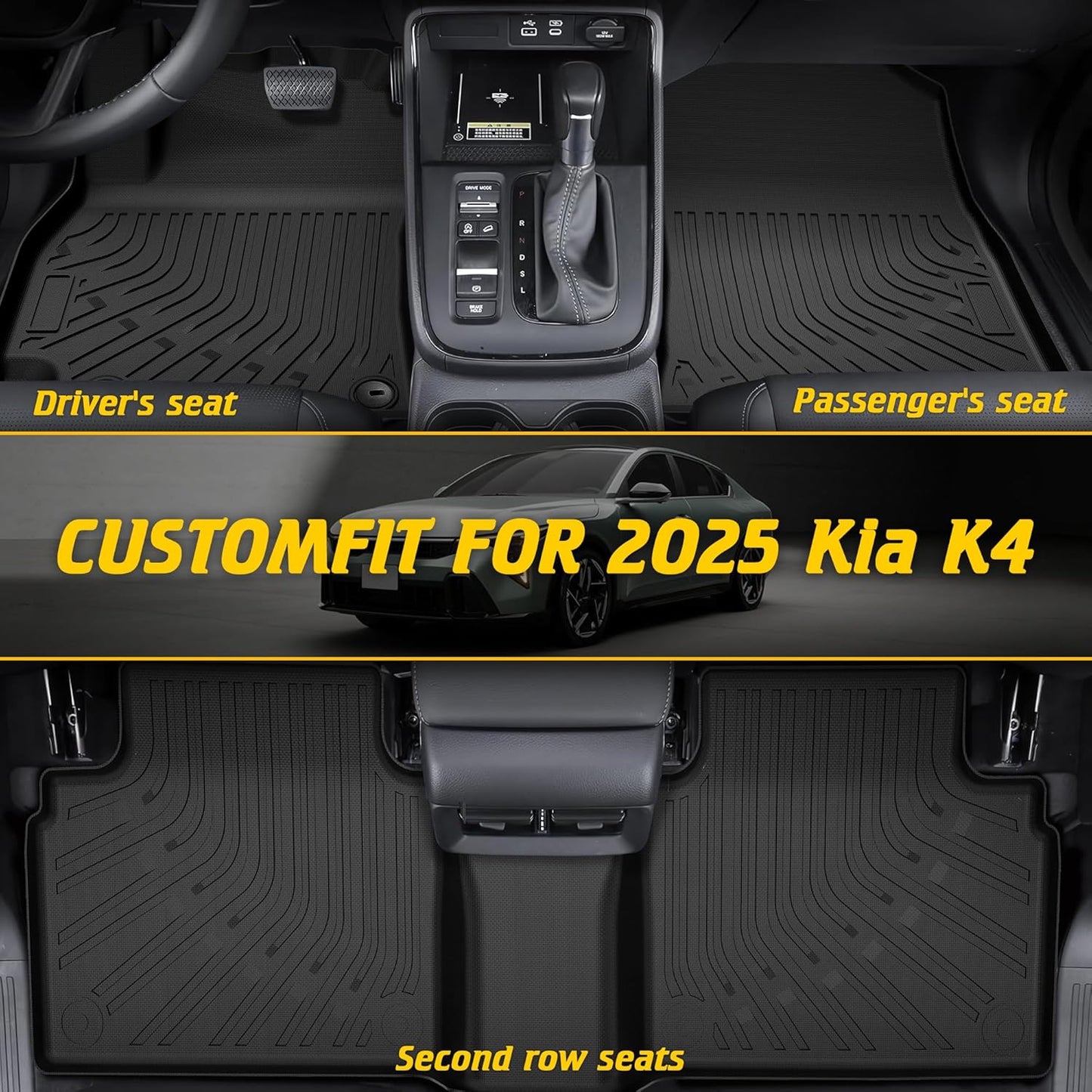 Floor Mats & Cargo Mat Custom Fit for KIA K4 2025 Accessories All-Weather TPE Car Mats and Anti-Slip Trunk Mat Fit for KIA K4 2025 1st 2nd Row & Trunk Liner Full Set, Set of 4 Mats Black