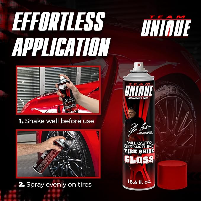 TEAM UNIQUE Tire Shine Gloss – 18.6 Fl Oz (550mL) Pack of 6 | High-Gloss Formula for Ultimate Tire Shine | Protects Against Cracking and Fading | Non-Greasy, Low-Sling Spray for Easy Application