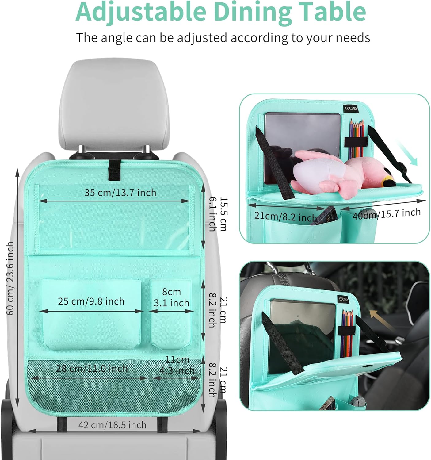 LUCMO Car Backseat Organizer with Tablet Holder,6 Storage Pockets Car Storage Organizer with Foldable Food Tray,Seat Protectors Kick Mats Travel Accessories-Light Blue