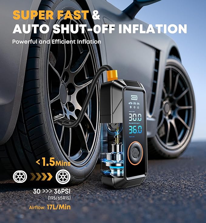 Tire Inflator Portable Air Compressor - Cordless & DC Inflation 4X Faster 150 PSI Portable Pump for Cars Bikes Motorcycles Balls with Pressure Gauge Function Air Compressor Tires Pump