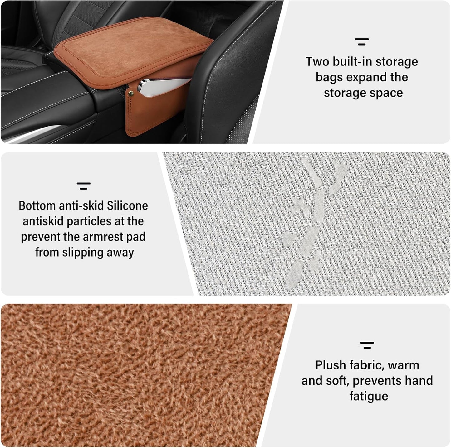 SINGARO Car Leather Center Console Cover with 2 Storage Bags, Universal Furry Fluffy Car Armrest Seat Box Pad, Comfortable Car Interior Accessories, Fits for Most Vehicles (Orange)