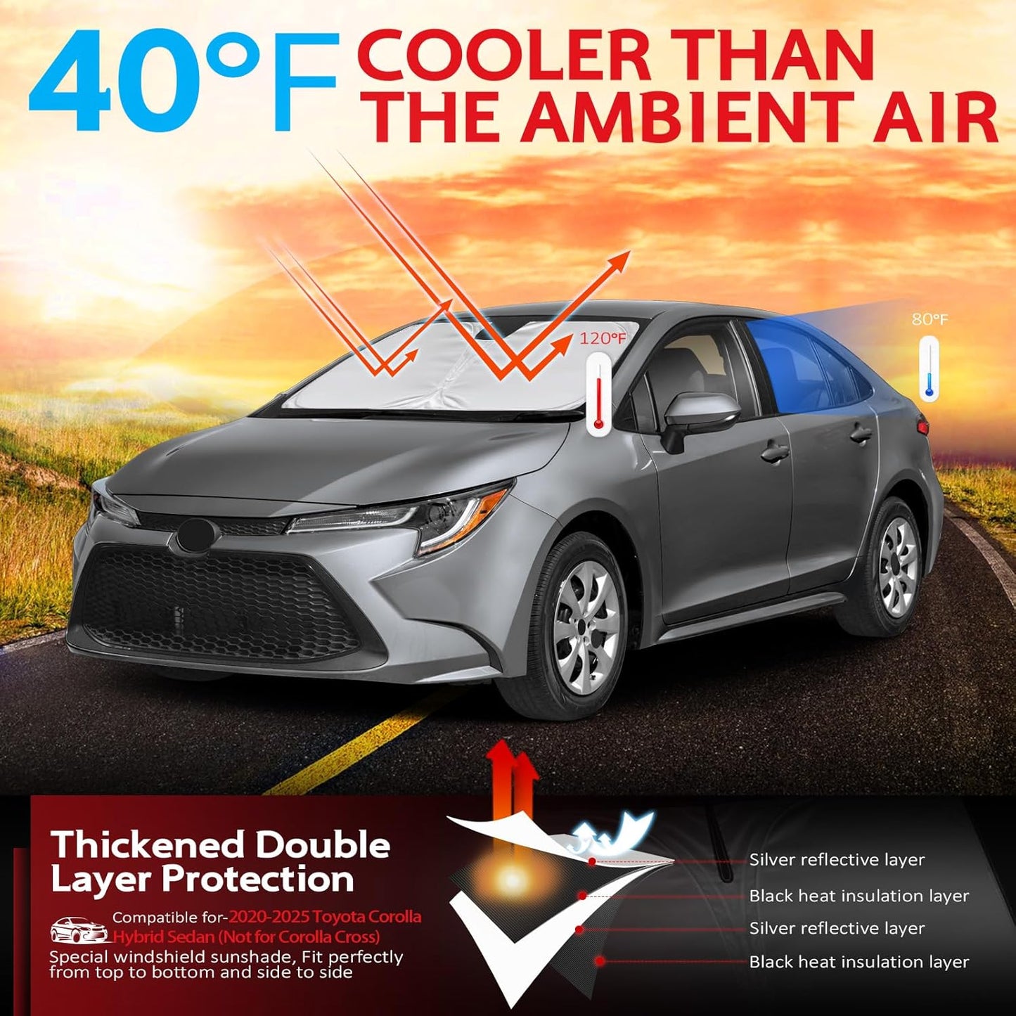 KAYZT Windshield Sun Shade for Toyota Corolla Hybrid Sedan 2020-2025 (Not for Corolla Cross) Foldable Sunshade Front Window Custom Fit Accessories