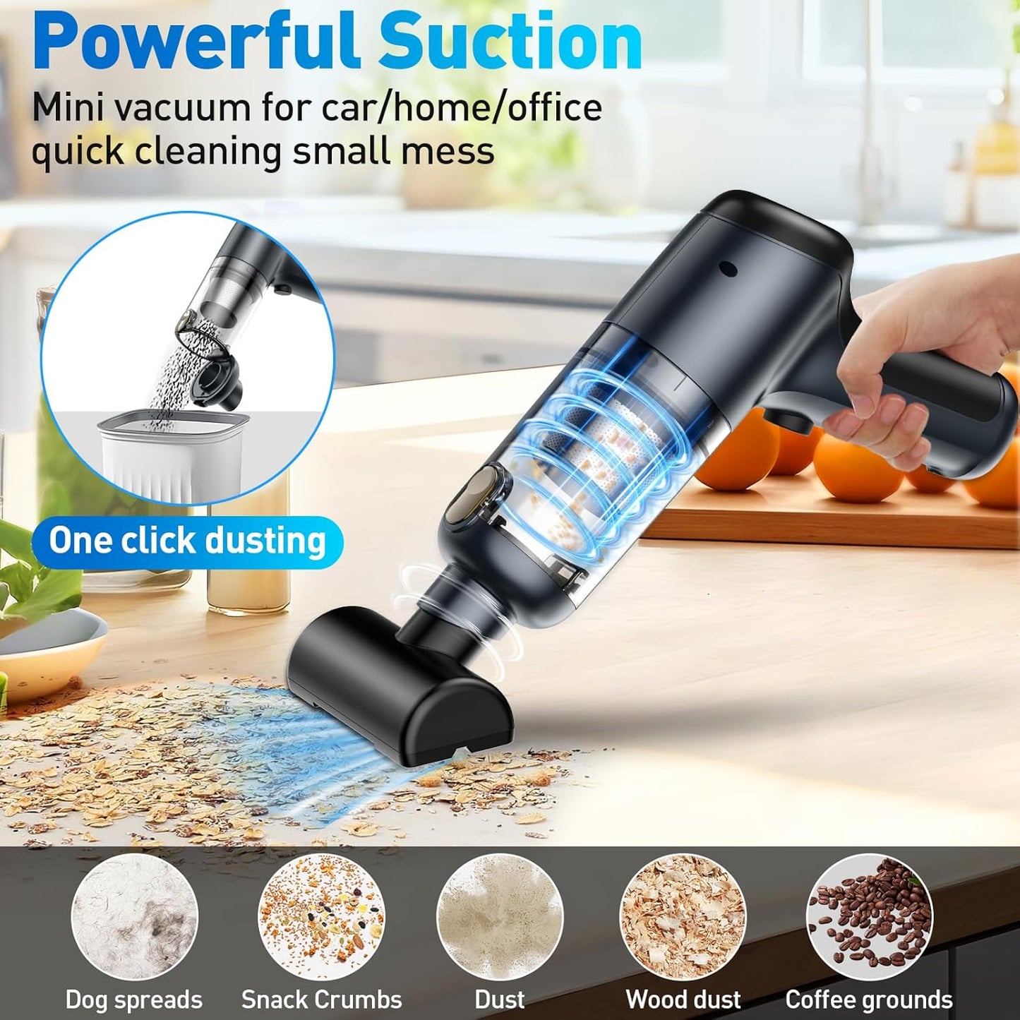 Mini Vacuum Cleaner, 120W High Power Handheld Car Vacuum Cleaner, 2 in 1 Air Duster and Hand Held Vacuum Portable Cordless, Rechargeable Small Vacuum for Car, Home, Office, Pet（Black）