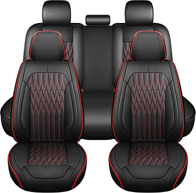 Huidasource Car Seat Covers, Waterproof Leather Vehicle Cushion Covers, Universal Fit Most Car Sedan SUV Pickup Truck, Fit for Jeep Acura Honda Civic Nissan Mazda Dodge Buick (Full Set/Black&Red)