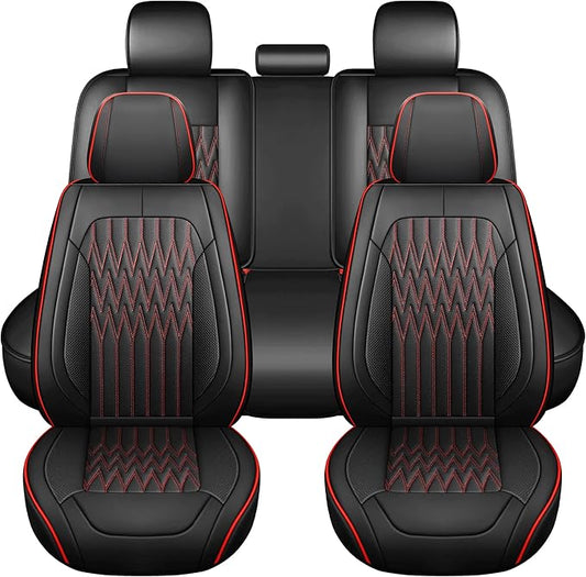 Huidasource Car Seat Covers, Waterproof Leather Vehicle Cushion Covers, Universal Fit Most Car Sedan SUV Pickup Truck, Fit for Jeep Acura Honda Civic Nissan Mazda Dodge Buick (Full Set/Black&Red)
