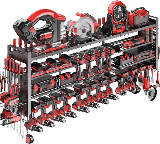 49.8" W Super Large Power Tool Organizer Wall Mount,4-Layer Heavy Duty Tool Storage with 18 Cordless Drill Holder,600 lb Capacity Garage Organization for Garage and Workshop (Black)