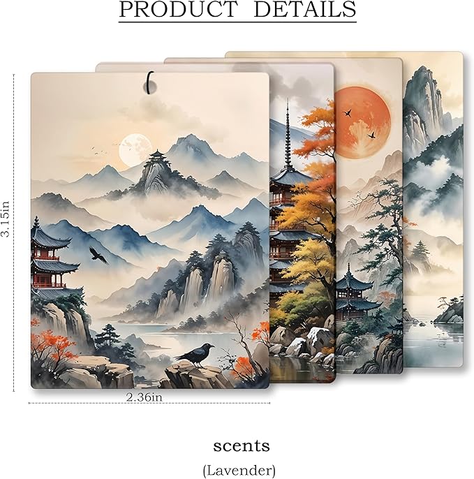 Vintage Boho Japanese Landscape Car Air Freshener 4 Pcs, Mist Mountain Forest Temple Hanging Scents Air Freshener for Women Men Gifts, Retro Scented Car Accessories Decor for Room Closet Drawer